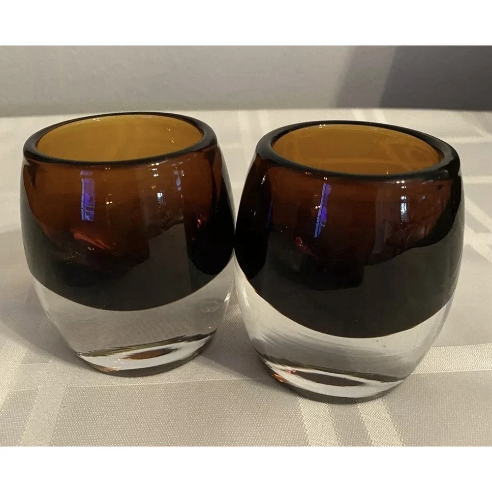 Crate and Barrel Amber Topaz Glass Diva Votive‎ Candle Holder-Poland Set 2
